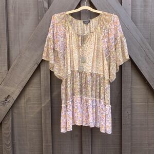 GiGiO Tunic Blouse Women's Medium Multicolor Floral Bohemian Kimono Tassel Tie